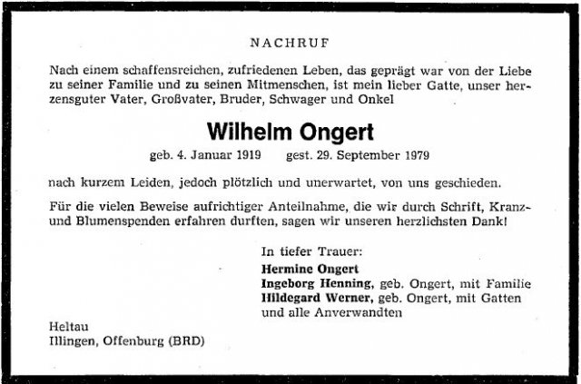 Ongert Wilhelm 1919-1979 Todesanzeige